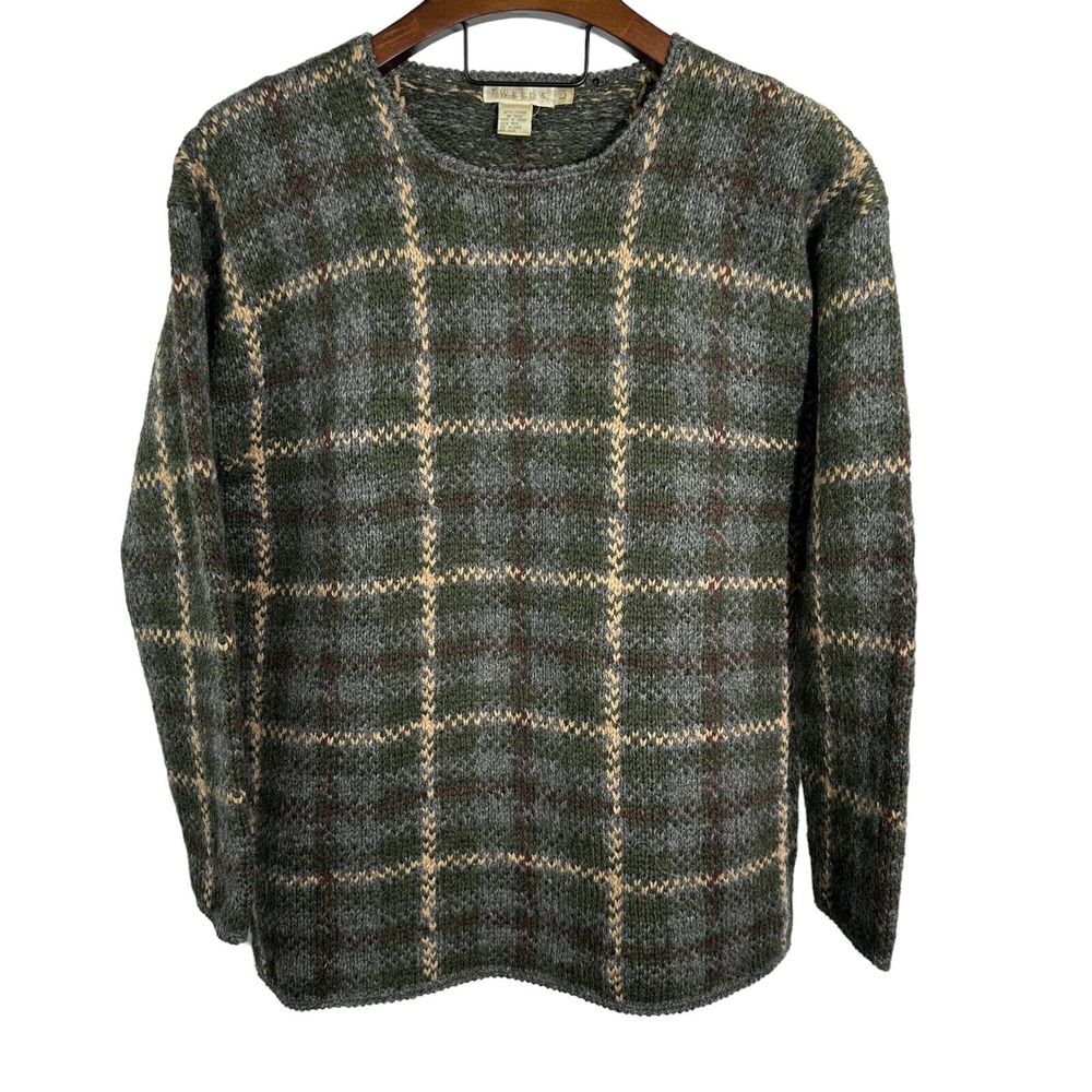 TWEEDS Vintage Wool Pullover Plaid Crewneck‎ Fisherman Sweater Large Beautiful